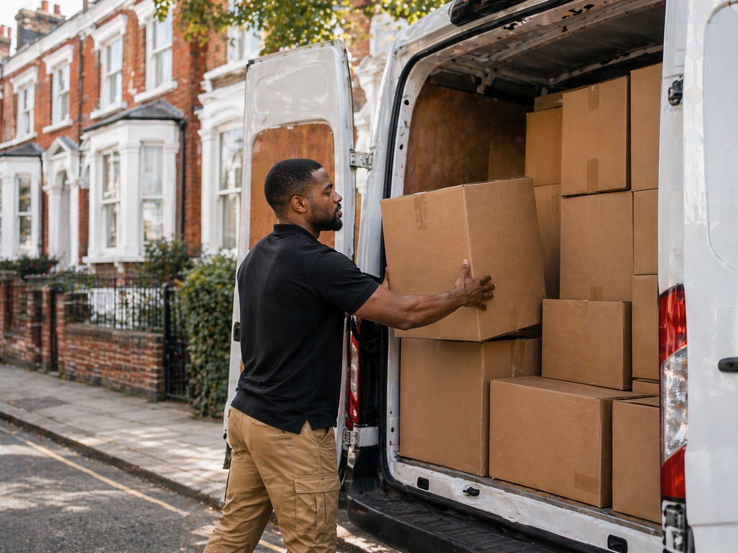 Delivery van in London — professional driver and assistant loading parcels into van for same day delivery across Greater London