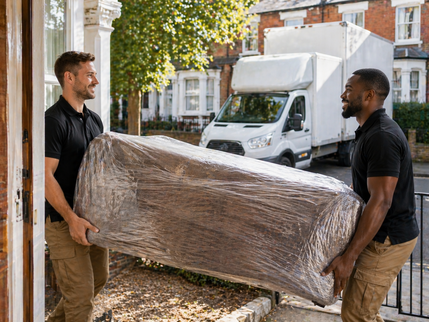 Furniture delivery London — delivery team carefully moving a sofa from a London property into a delivery van